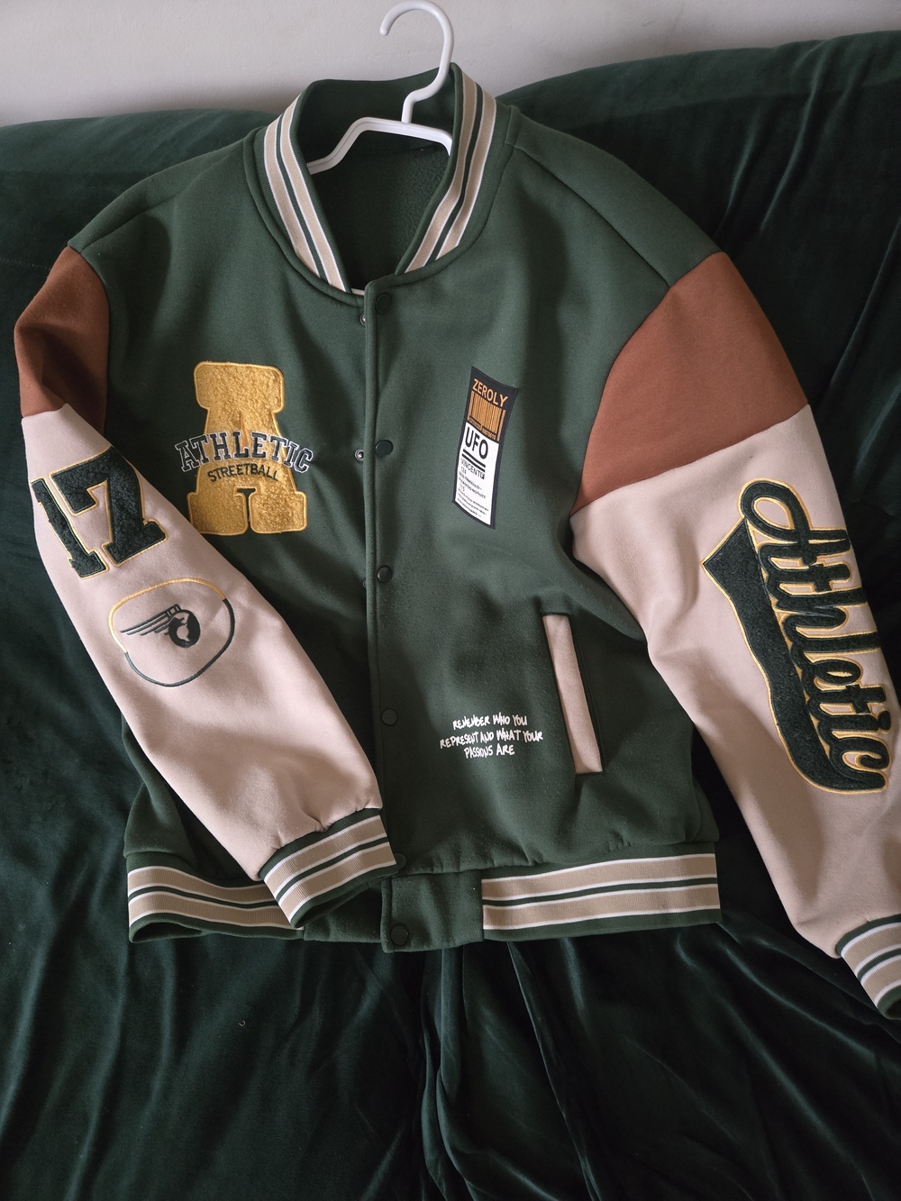 Athletic Letterman-Style Green & Tan Varsity Jacket